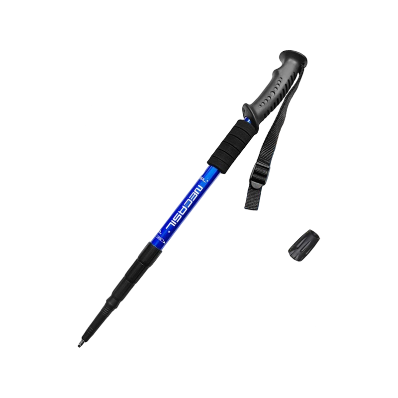 Ultralight, internally locking aluminum alloy straight handle trekking pole with telescopic strap and shock absorption.